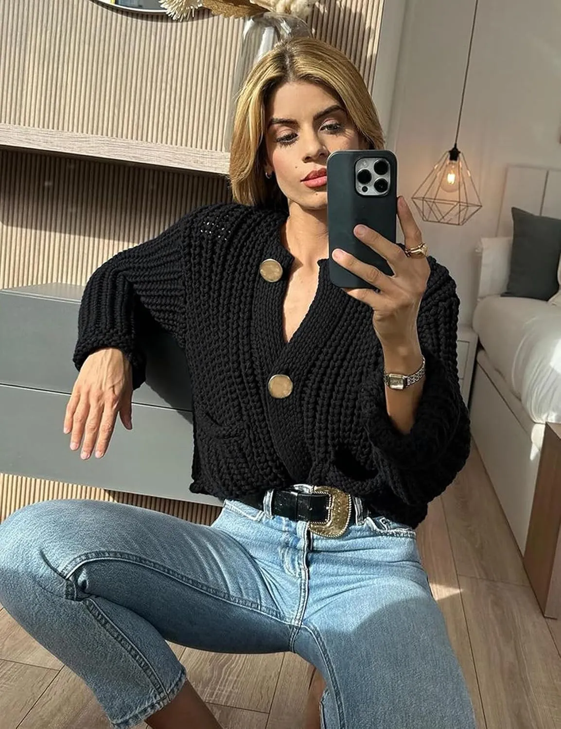 Yimoon Women's Cropped Cardigan Sweater Button Down Chunky Knit Sweater Long Sleeve Fall Open Front Cardigan