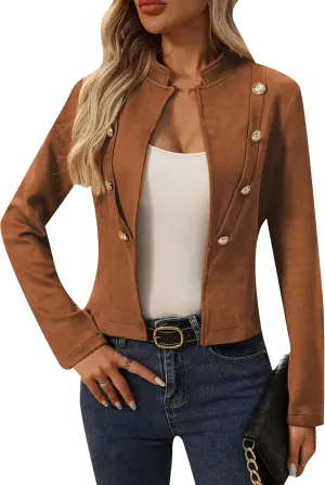 YMING Womens Faux Suede Double Breasted Coats Fall Long Sleeve Jackets Vintage Solid Color Moto Coats
