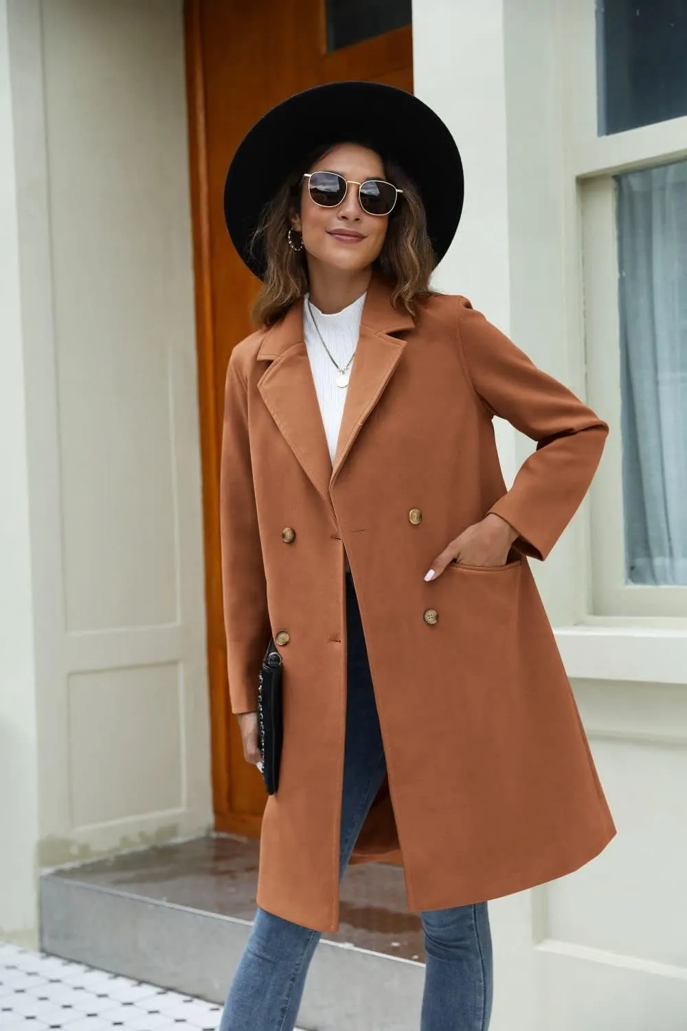 Yousify Womens Notched Lapel Collar Double Breasted Pea Coat Winter Wool Blend Over Coats Long Jackets