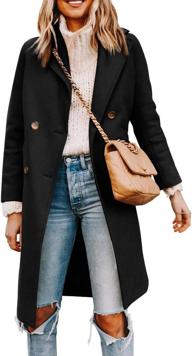 Yousify Womens Notched Lapel Collar Double Breasted Pea Coat Winter Wool Blend Over Coats Long Jackets