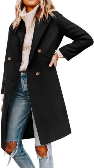 Yousify Womens Notched Lapel Collar Double Breasted Pea Coat Winter Wool Blend Over Coats Long Jackets