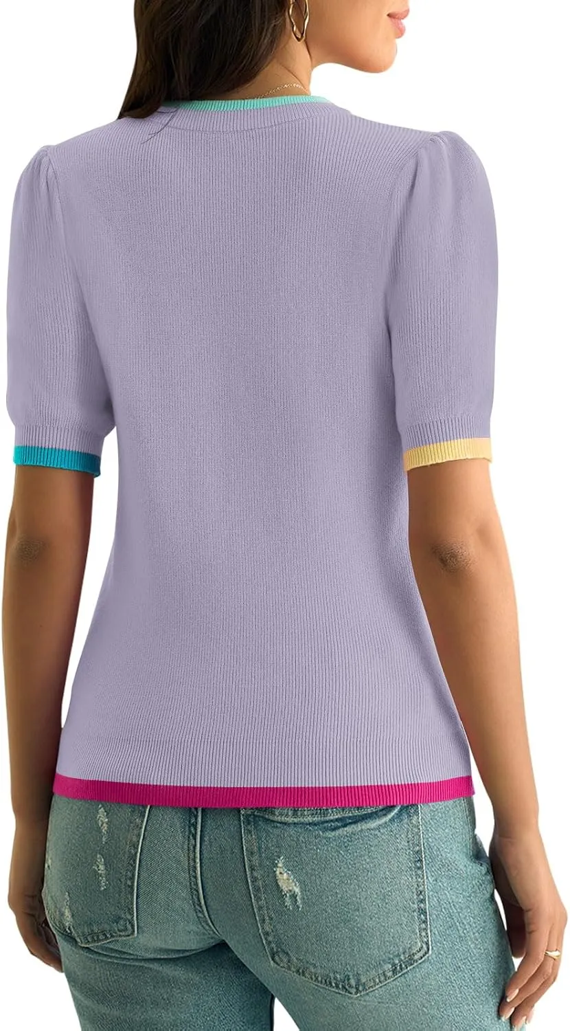 Yousify Womens Puff Short Sleeve Sweater Top Summer Trendy Crew Neck Casual T Shirts Blouses