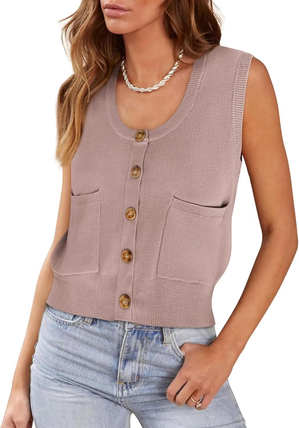 Yousify Womens Sweater Vest Summer Ribbed Tank Tops Sleeveless Button Down Shirts Scoop Neck Top for Women
