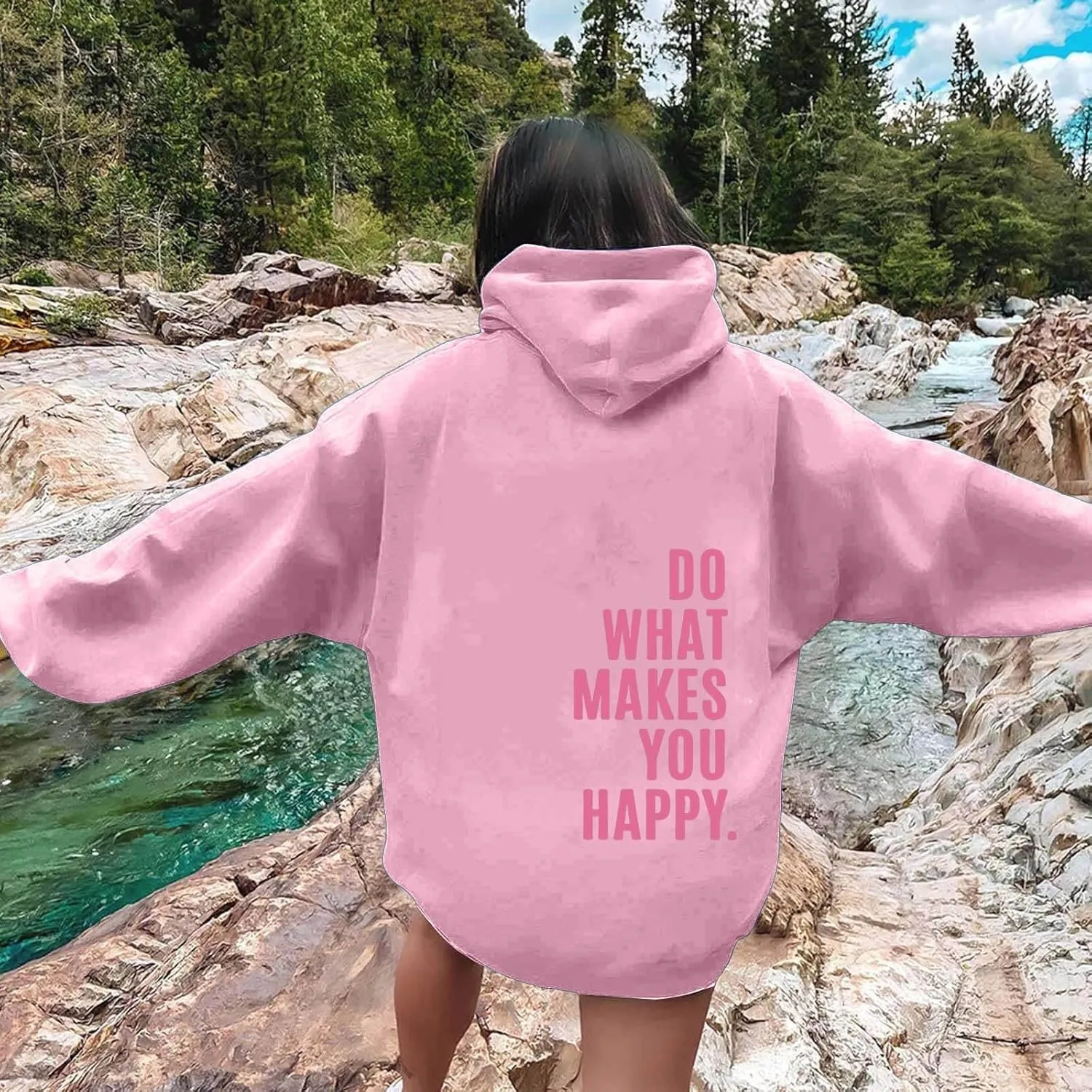 YUHGODO Women Oversized Hoodie Long Sleeve Letter Print Casual Drawstring Cute Preppy Pullover Sweatshirts for Teen Girls