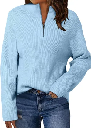ZANZEA Quarter Zip Pullover Women Long Sleeve Knit Sweater V Neck Fall Tops Fashion Clothes 2024
