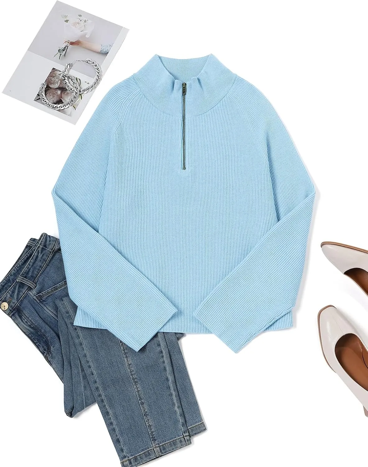 ZANZEA Quarter Zip Pullover Women Long Sleeve Knit Sweater V Neck Fall Tops Fashion Clothes 2024