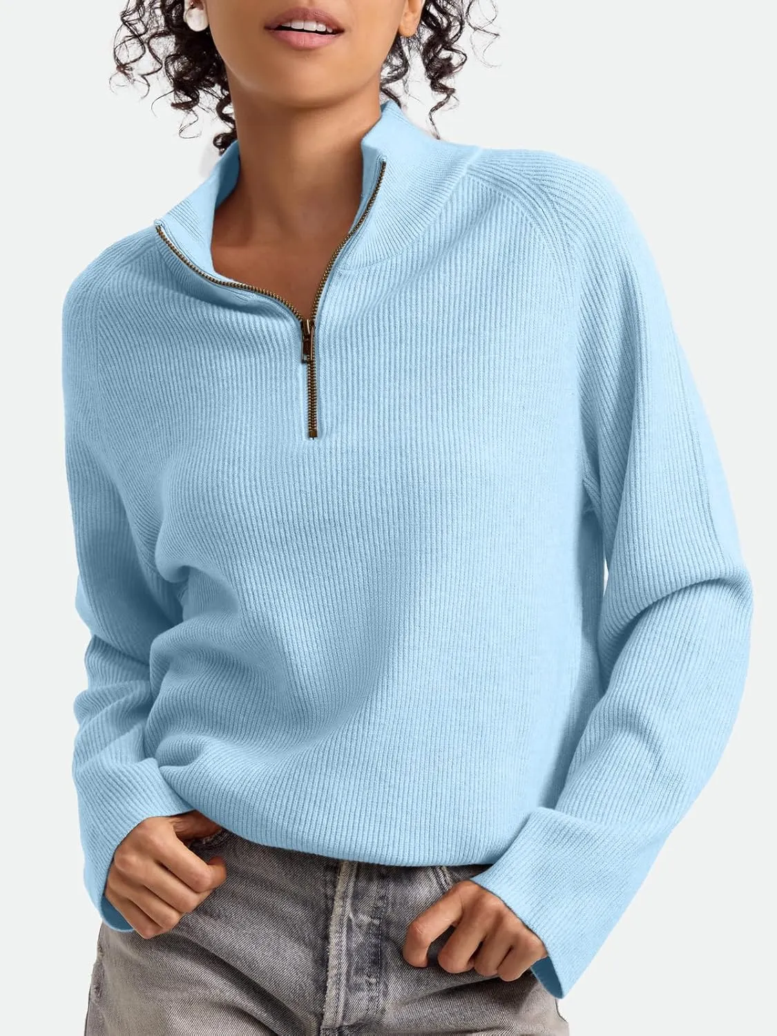 ZANZEA Quarter Zip Pullover Women Long Sleeve Knit Sweater V Neck Fall Tops Fashion Clothes 2024