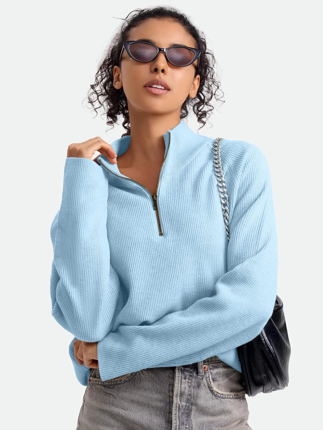 ZANZEA Quarter Zip Pullover Women Long Sleeve Knit Sweater V Neck Fall Tops Fashion Clothes 2024