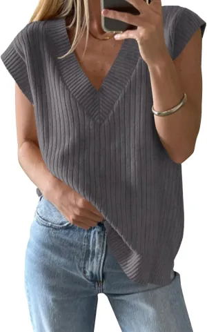 ZDC Women's V Neck Sweater Vest Oversized Sleeveles Casual Tank Tops Ribbed Knit Loose Fit Pullover