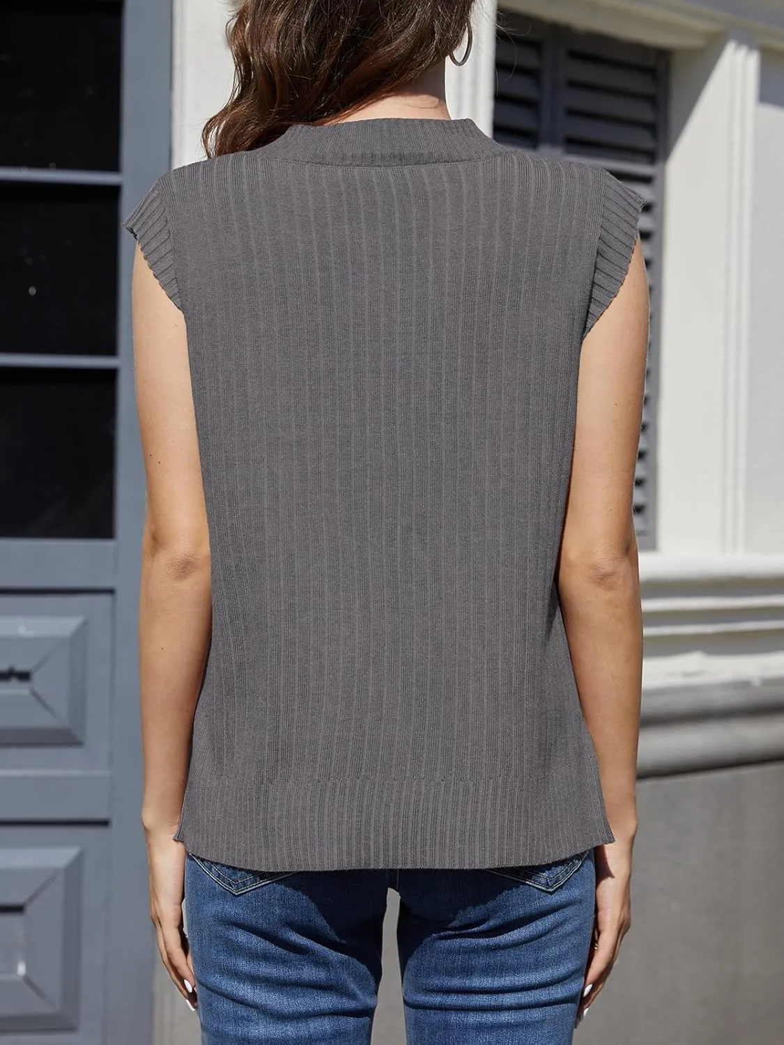 ZDC Women's V Neck Sweater Vest Oversized Sleeveles Casual Tank Tops Ribbed Knit Loose Fit Pullover