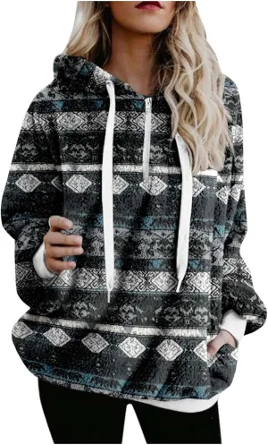 ZDRZK Women's Sweatshirts Plush 2024 Fall And Winter Warm Camo Hoodies Oversized Casual Long Sleeve Drawstring Clothes