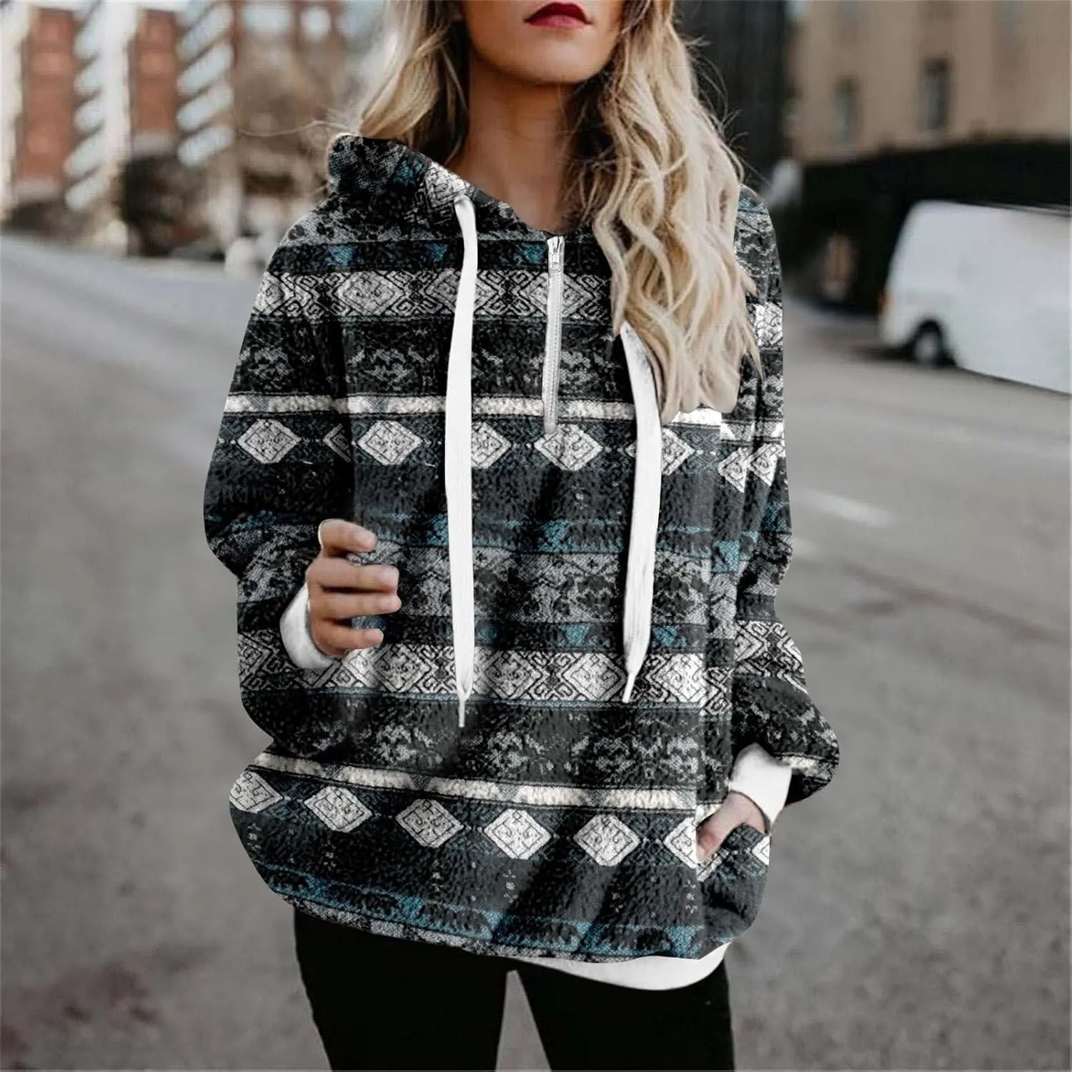ZDRZK Women's Sweatshirts Plush 2024 Fall And Winter Warm Camo Hoodies Oversized Casual Long Sleeve Drawstring Clothes