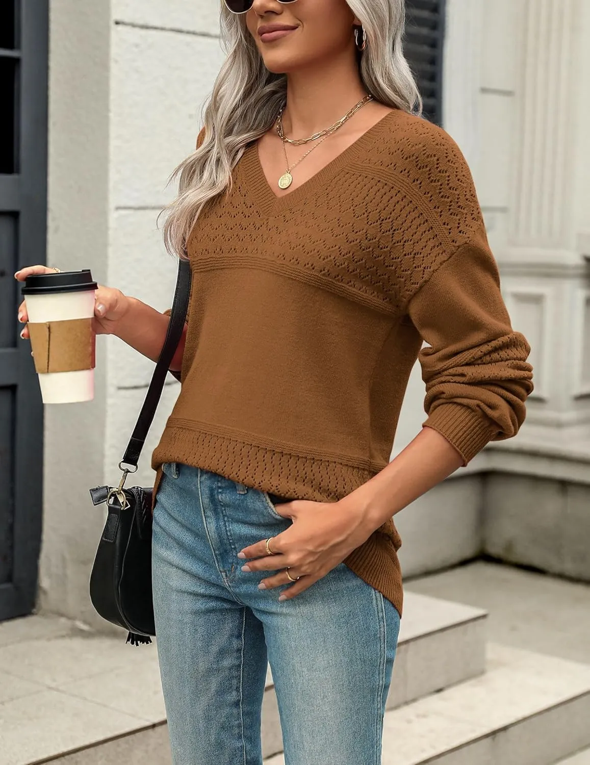 Zeagoo Womens 2025 Fall Sweaters Casual Long Sleeve Ribbed Knit Pullover V Neck Lightweight Crochet Pullover Sweater Top