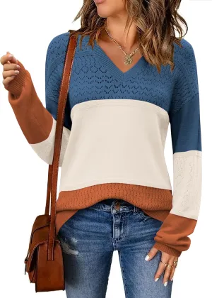 Zeagoo Womens 2025 Fall Sweaters Casual Long Sleeve Ribbed Knit Pullover V Neck Lightweight Crochet Pullover Sweater Top