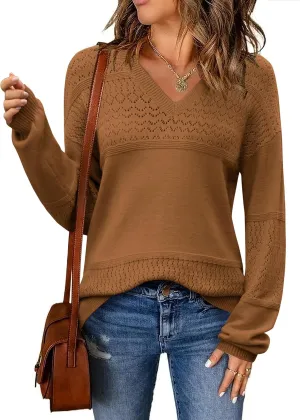 Zeagoo Womens 2025 Fall Sweaters Casual Long Sleeve Ribbed Knit Pullover V Neck Lightweight Crochet Pullover Sweater Top