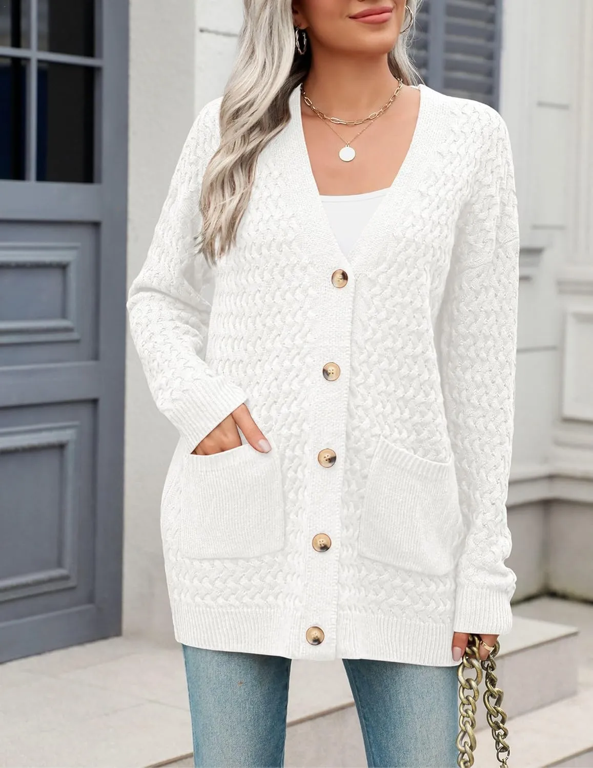 Zeagoo Womens 2025 Long Sleeve Chunky Cable Knit Fall Cardigans Sweaters Button Down Open Front Outerwear with Pockets