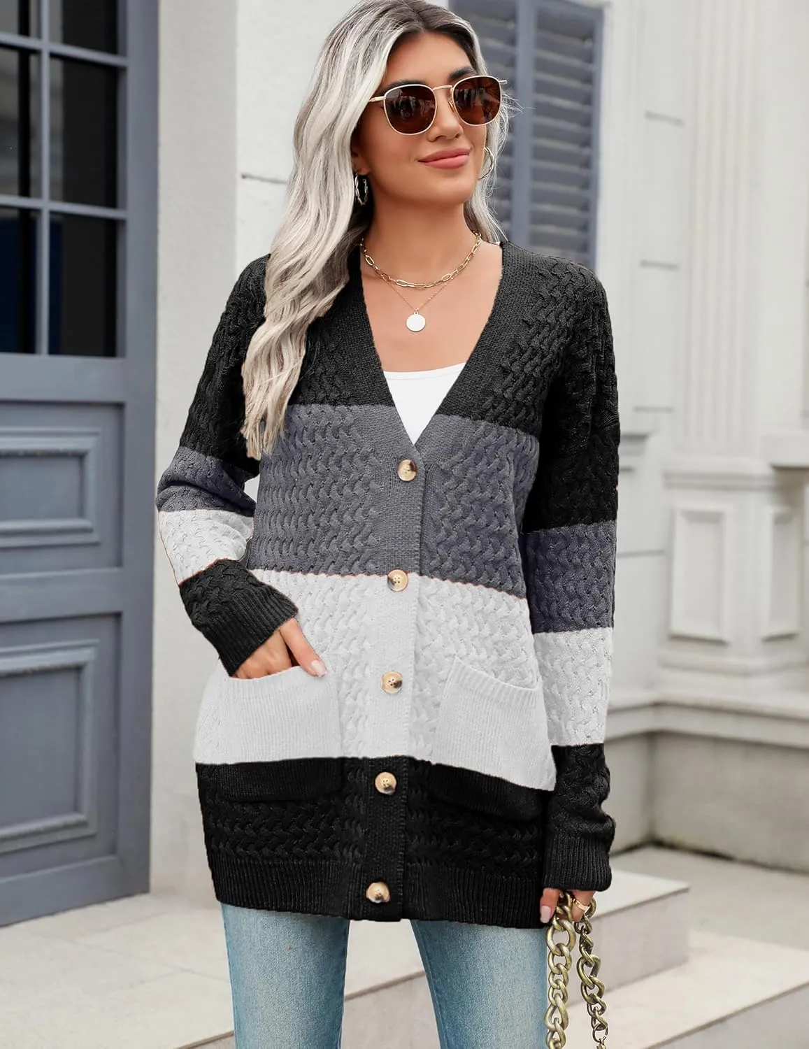Zeagoo Womens 2025 Long Sleeve Chunky Cable Knit Fall Cardigans Sweaters Button Down Open Front Outerwear with Pockets