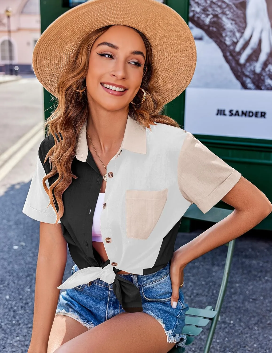 Zeagoo Womens Button Down Shirts Color Block Short Sleeve Cotton Linen Summer Causal Blouses Tops