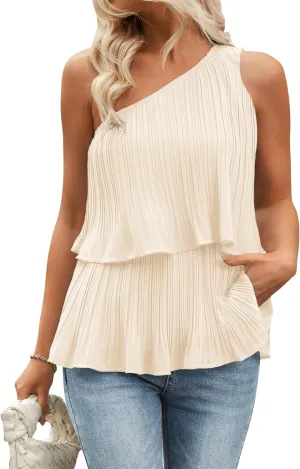 ZESICA Women's One Shoulder Tank Tops Summer Sleeveless Ruffle Tiered Layered Chiffon Flowy Blouses Shirts