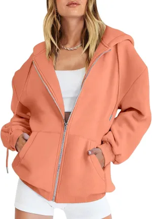 Zip Up Hoodie Women Oversized Long Sleeve Hooded Sweatshirt Jacket Casual Solid Color Hoodies 2024 Fall Outfits