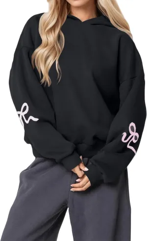 ZWRXW Womens Bow Print Hoodies Oversized Long Sleeve Drop Shoulder Sweatshirts Fall Winter Casual Hooded Pullover Tops