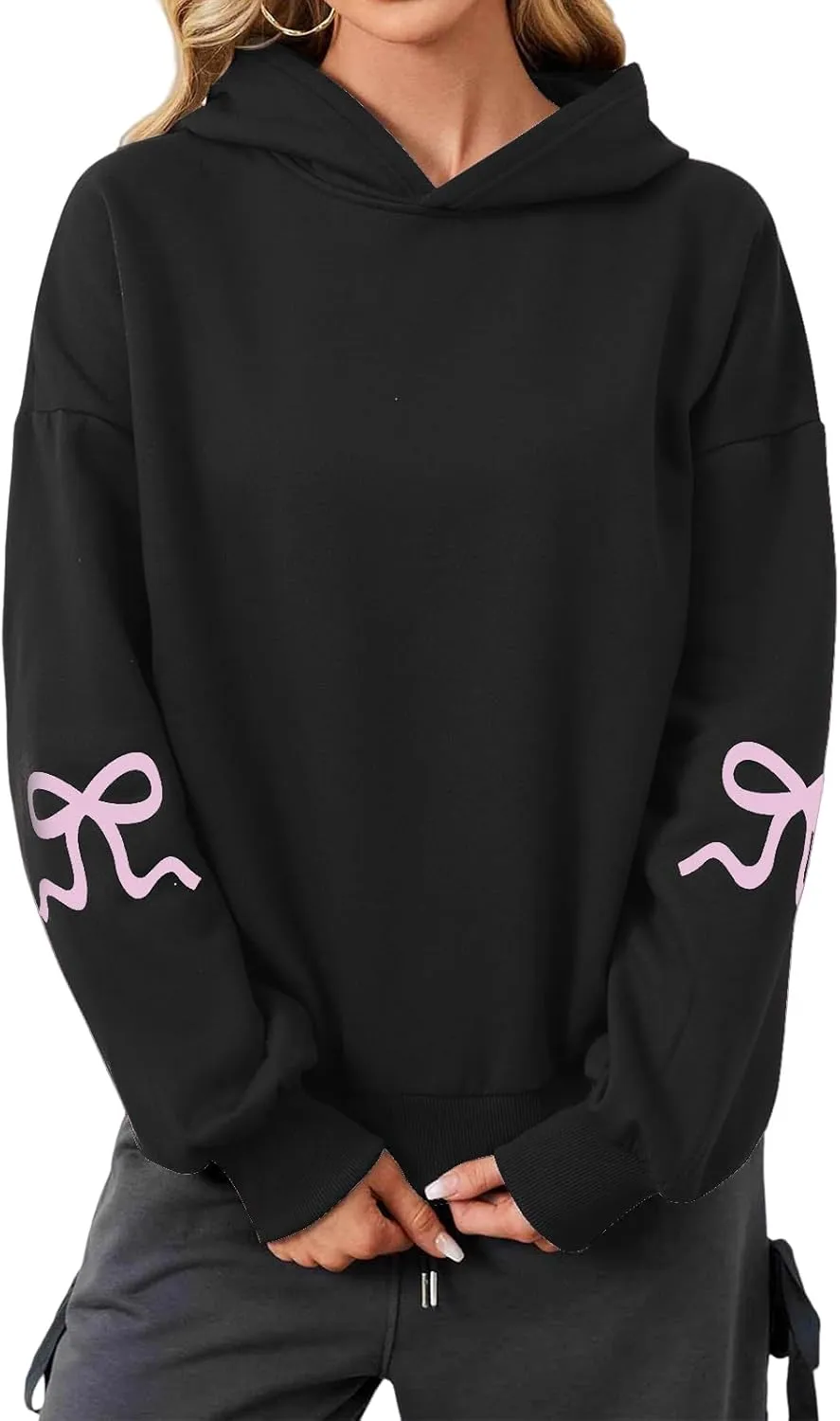 ZWRXW Womens Bow Print Hoodies Oversized Long Sleeve Drop Shoulder Sweatshirts Fall Winter Casual Hooded Pullover Tops
