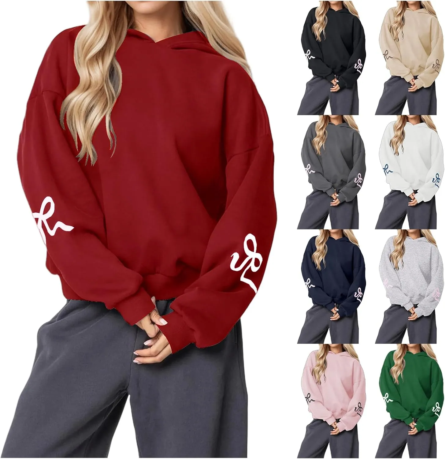 ZWRXW Womens Bow Print Hoodies Oversized Long Sleeve Drop Shoulder Sweatshirts Fall Winter Casual Hooded Pullover Tops