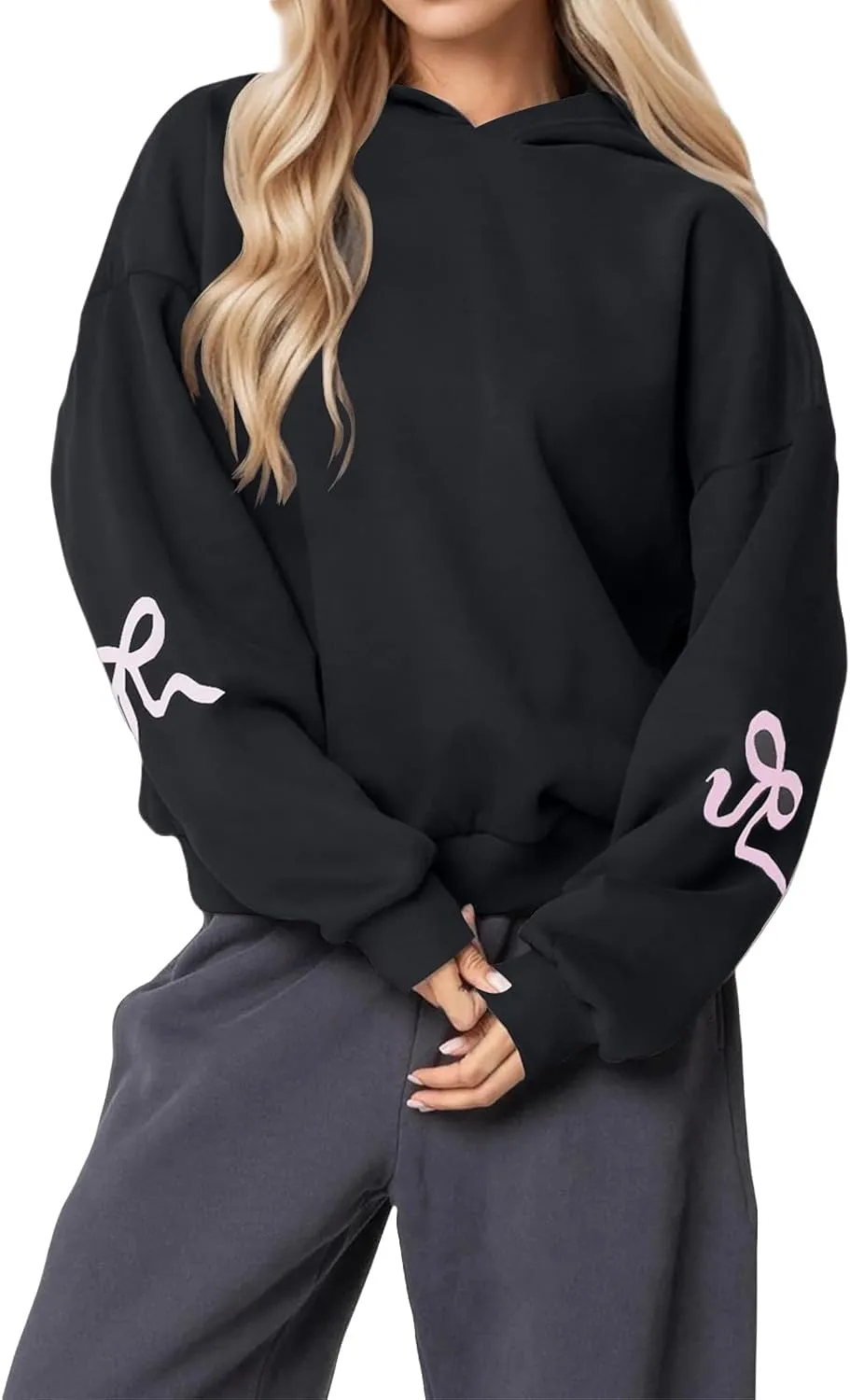 ZWRXW Womens Bow Print Hoodies Oversized Long Sleeve Drop Shoulder Sweatshirts Fall Winter Casual Hooded Pullover Tops