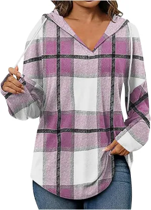ZWRXW Womens Plaid Hoodies Oversized Drawstring Long Sleeve Pullover Casual Loose Fit V Neck Shirts Fashion Tunic Tops
