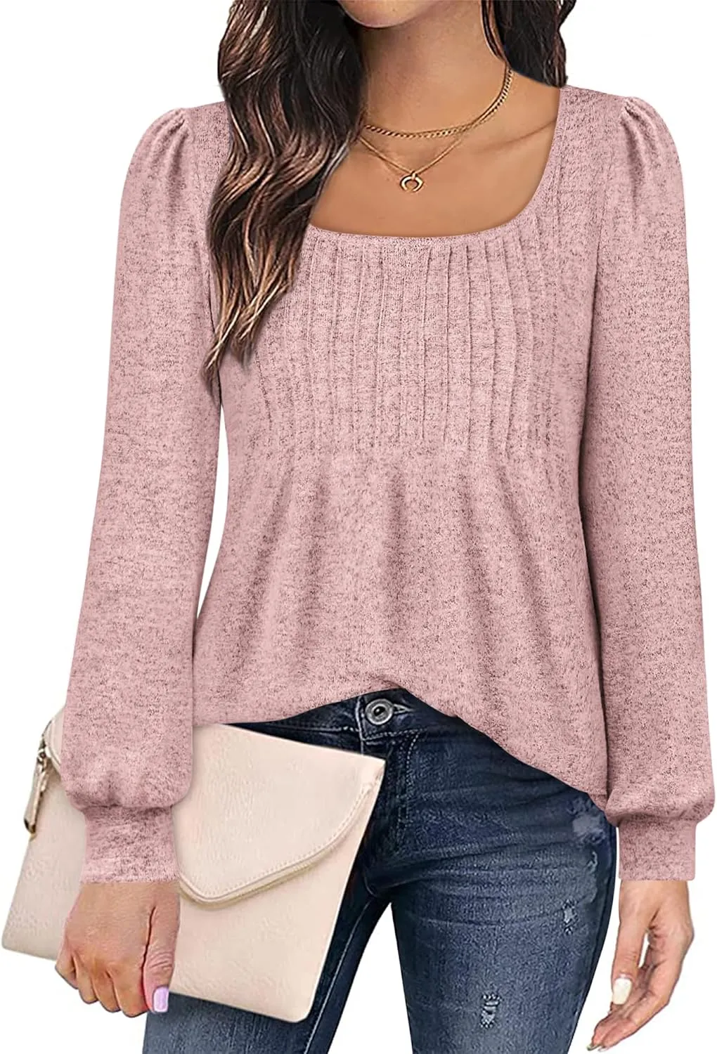 Zwurew Women's Puff Long Sleeve Shirts 2024 Trendy Scoop Neck Loose Fit Blouses Pleated Flowy Tunic Tops S-2XL