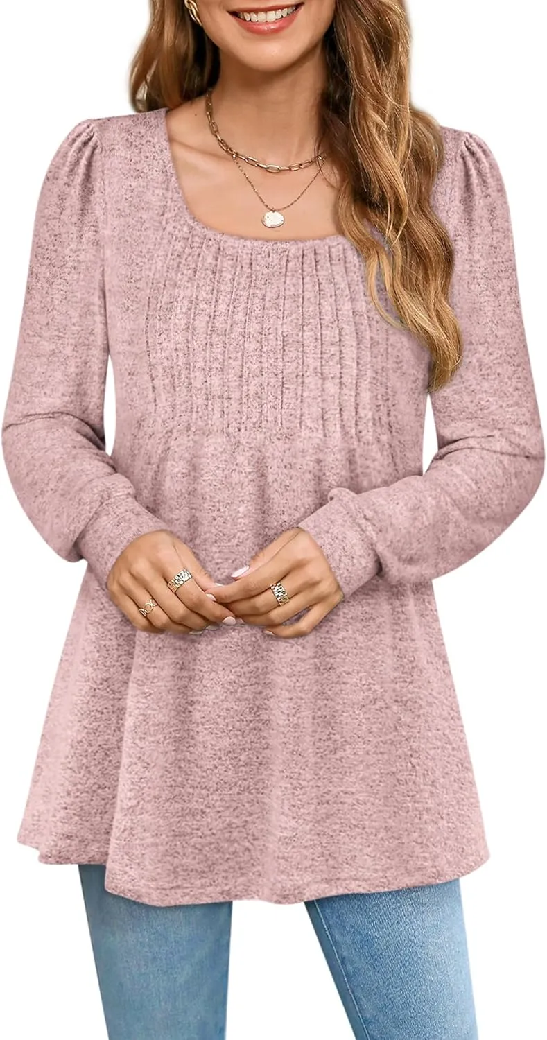 Zwurew Women's Puff Long Sleeve Shirts 2024 Trendy Scoop Neck Loose Fit Blouses Pleated Flowy Tunic Tops S-2XL