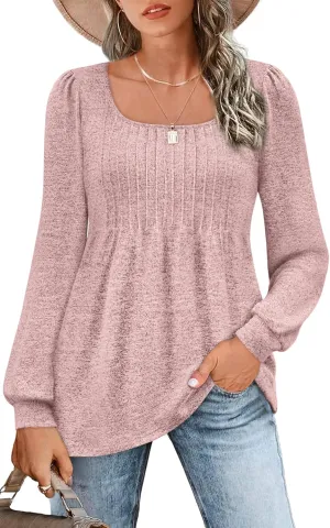 Zwurew Women's Puff Long Sleeve Shirts 2024 Trendy Scoop Neck Loose Fit Blouses Pleated Flowy Tunic Tops S-2XL