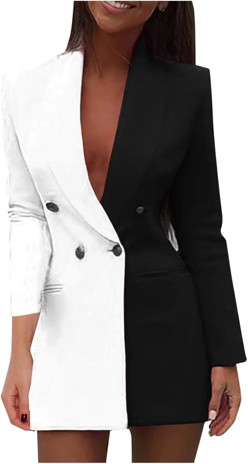 ZYXTIM Blazers for Women Color Contrast Double Breasted Sexy Deep V Neck Lapel Casual Blazer Dress Work Office Mini Dress