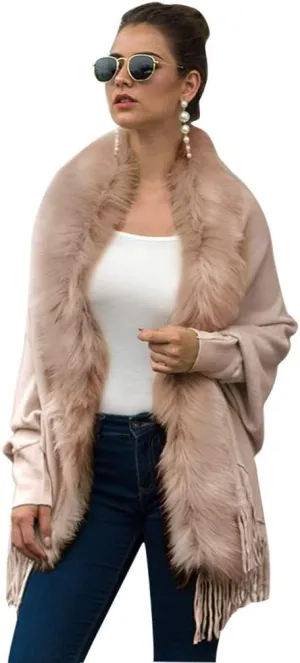 ZYXTIM Faux Fur Shawl Wrap Cape Women's Elegant Long Bat Sleeve Stand Collar Drap Hem Tassel Warm Winter Coat Cape Cloak