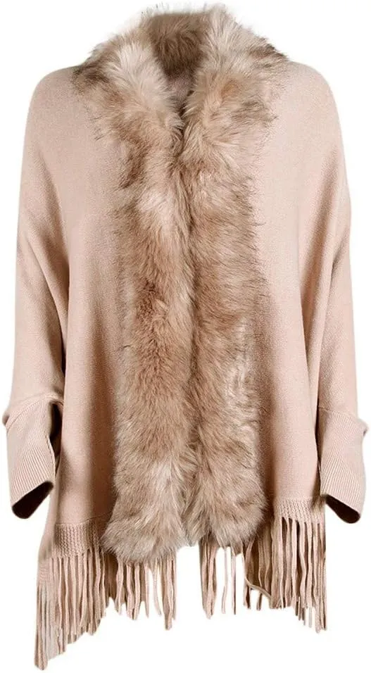 ZYXTIM Faux Fur Shawl Wrap Cape Women's Elegant Long Bat Sleeve Stand Collar Drap Hem Tassel Warm Winter Coat Cape Cloak