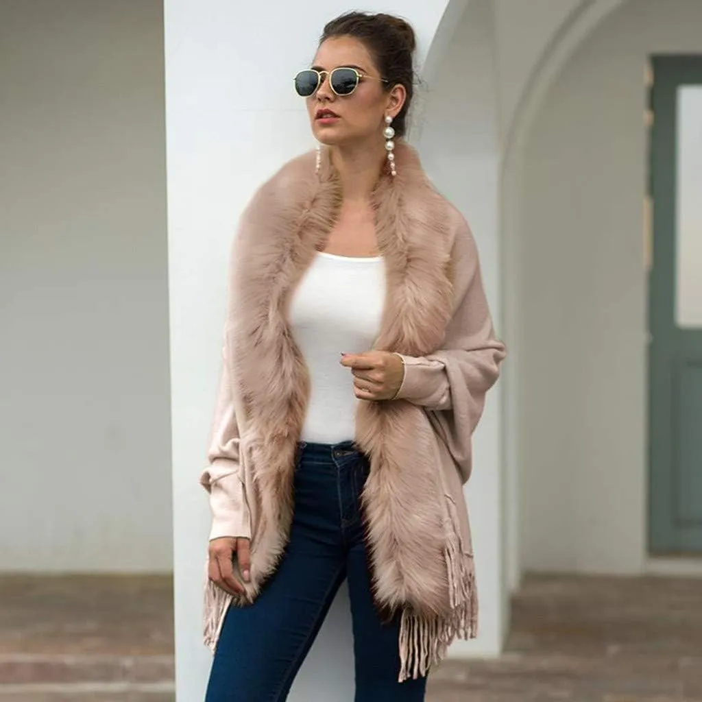 ZYXTIM Faux Fur Shawl Wrap Cape Women's Elegant Long Bat Sleeve Stand Collar Drap Hem Tassel Warm Winter Coat Cape Cloak