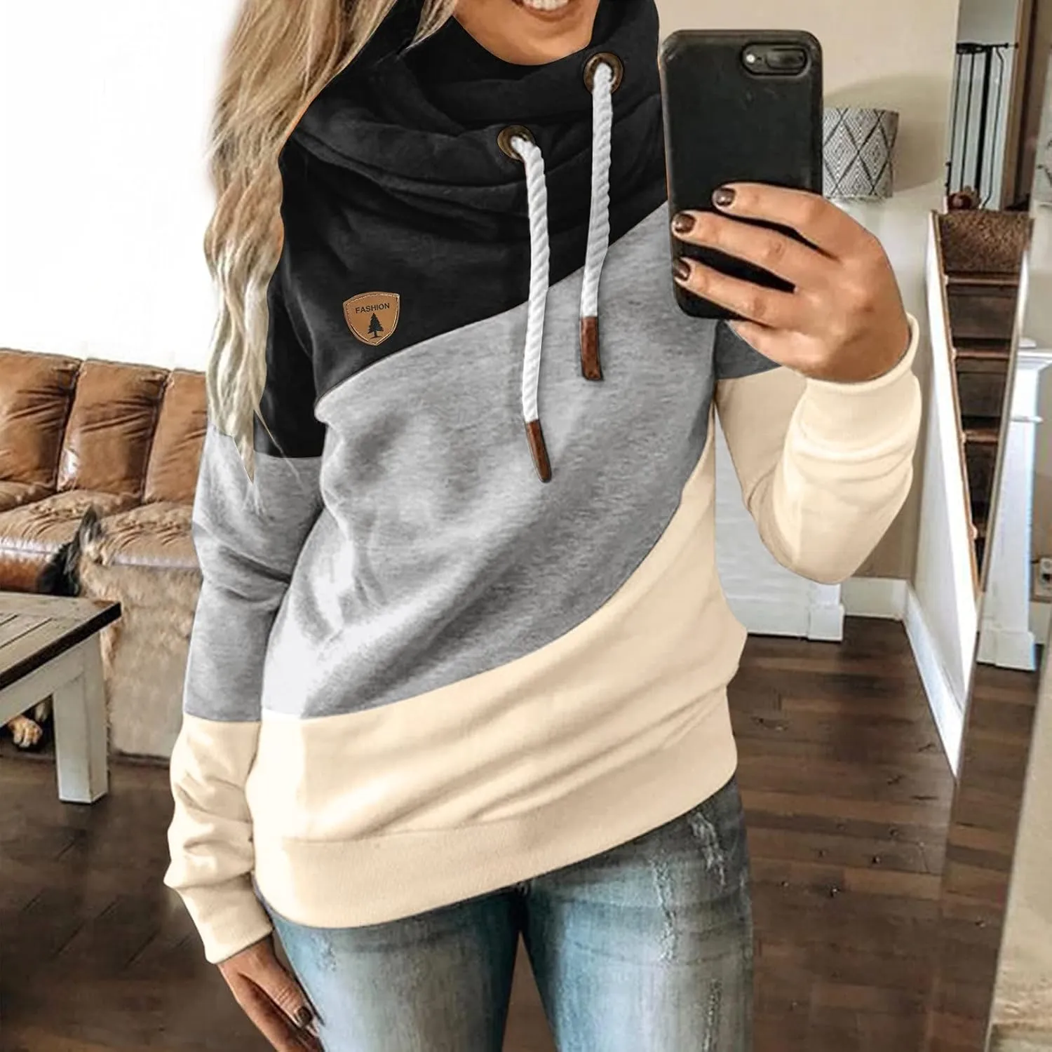 ZYXTIM Womens High Cowl Neck Hoodies, Oversize Long Sleeve Drawstring Pullover Tops Solid Casual Tunic Warm Fall Sweatshirts