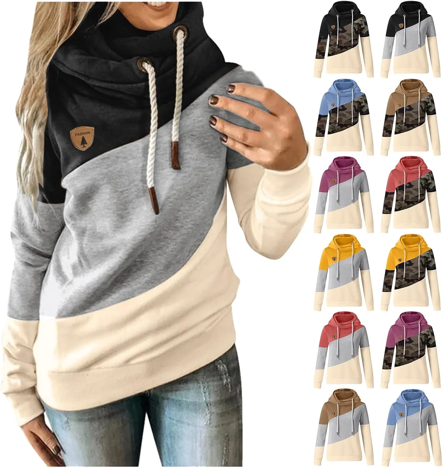 ZYXTIM Womens High Cowl Neck Hoodies, Oversize Long Sleeve Drawstring Pullover Tops Solid Casual Tunic Warm Fall Sweatshirts